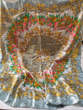 BASILE Silk Floral Garden Square Scarf in Gold, Pink Green & Blue made in Italy